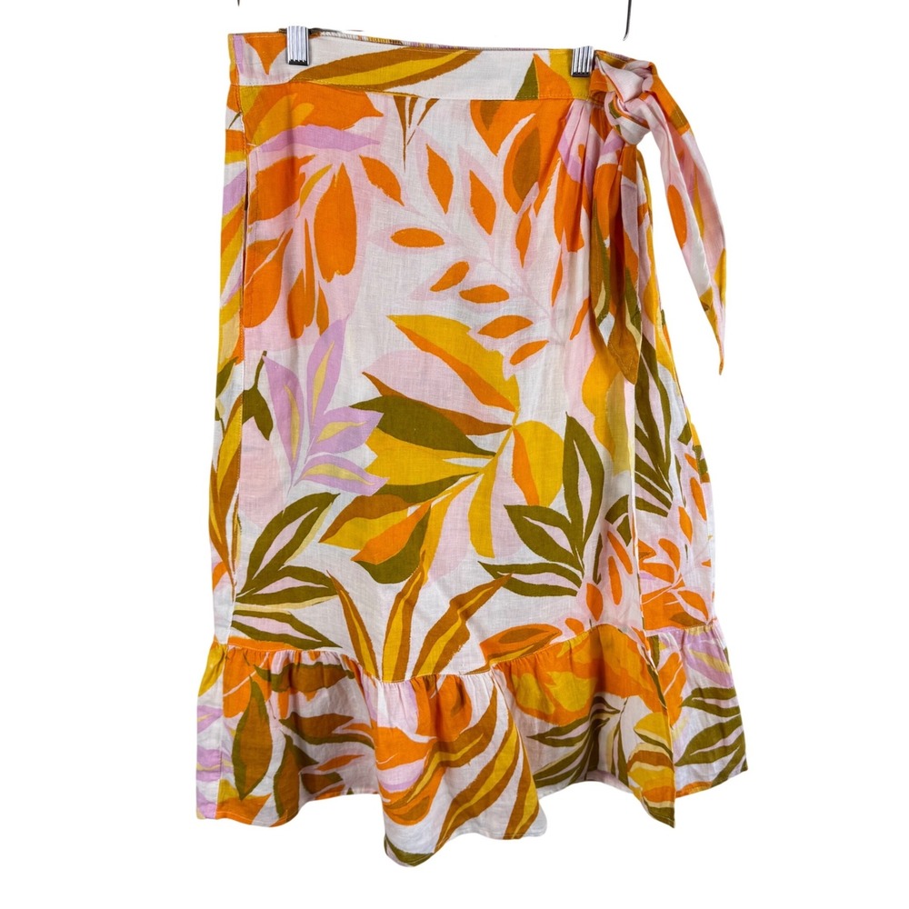C&C California Linen Tropical Floral Faux Wrap Ruffle Skirt Orange Yellow Small